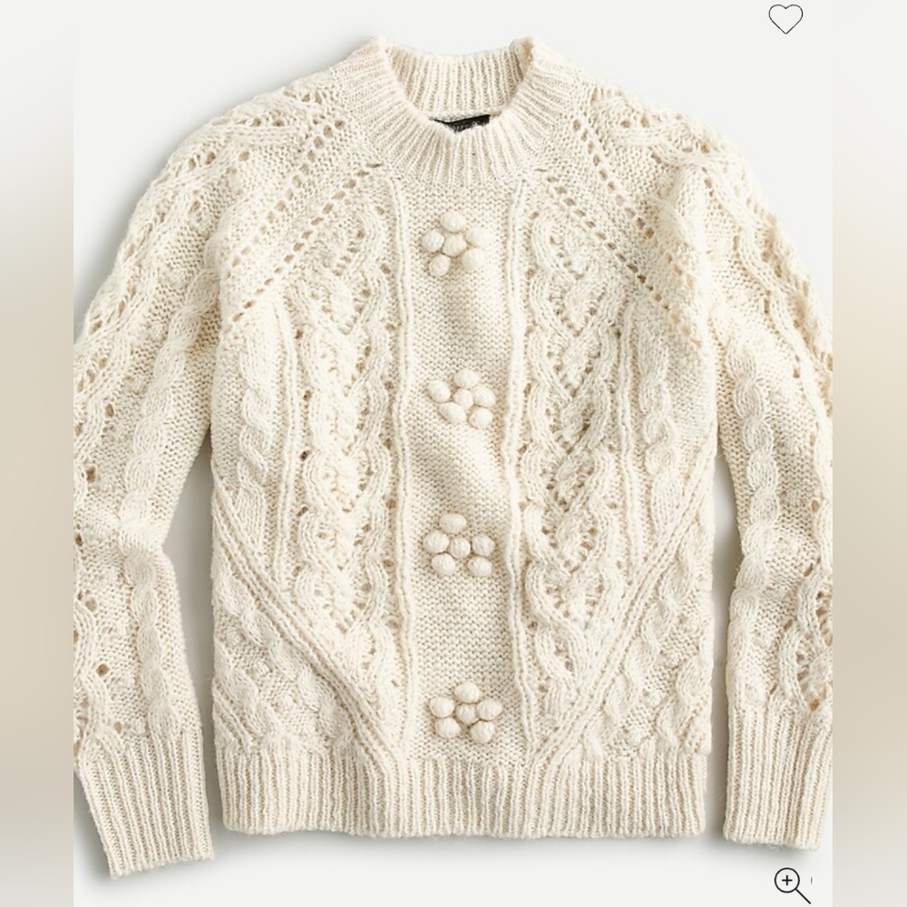 J.crew Cable knit pointelle Wool  sweater popcorn Fisherman Small Cream #216